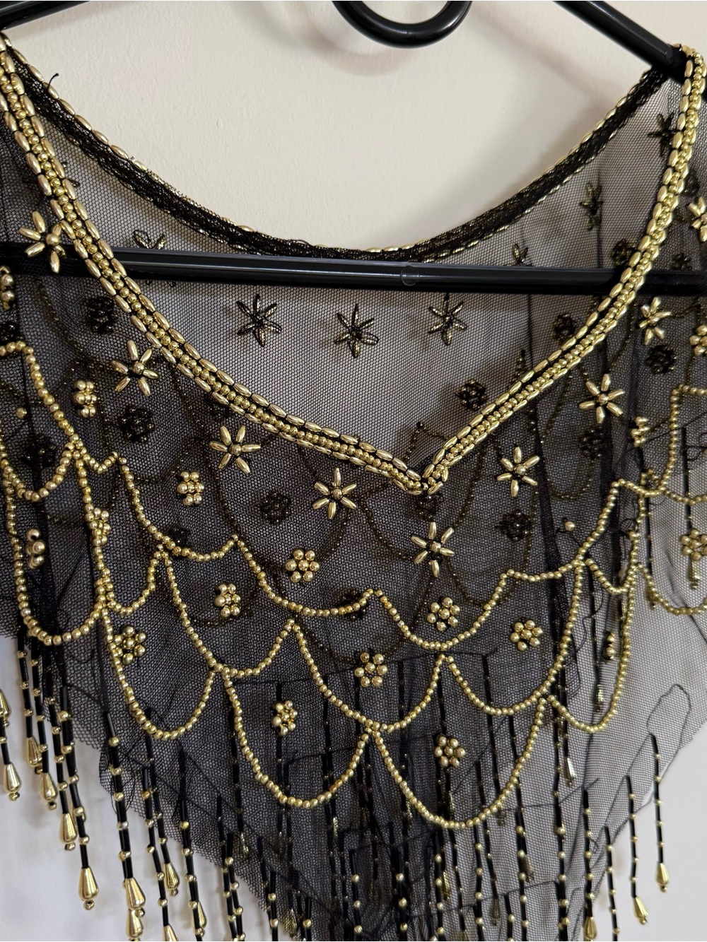 Vintage 1920’s Black Beaded Fringe Mesh Shawl with Gold Accents - Picture 2 of 7